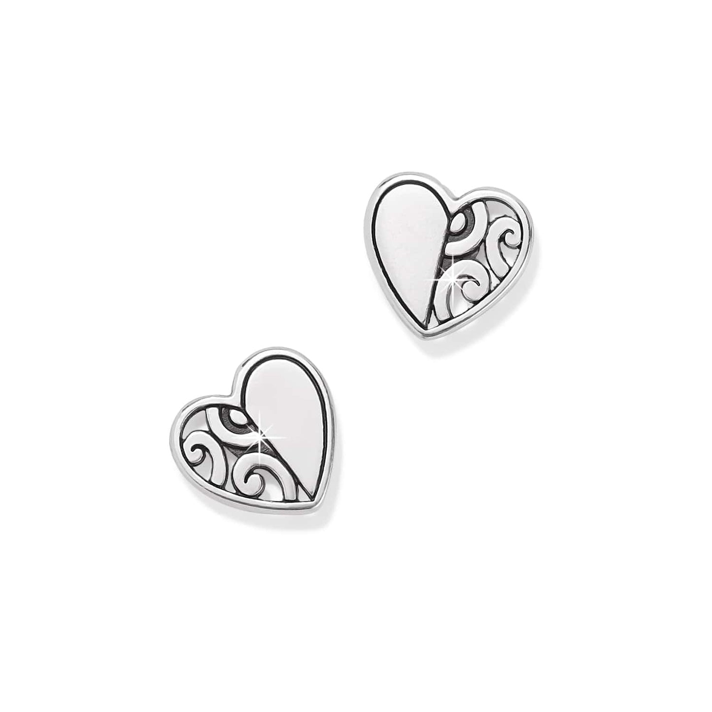 Brighton heart stud earrings with silver-plated finish and swirl filigree detail on one half, on a white background