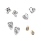 Brighton stud earrings set with silver-plated cross, heart, and teardrop designs featuring crystal accents on a white background
