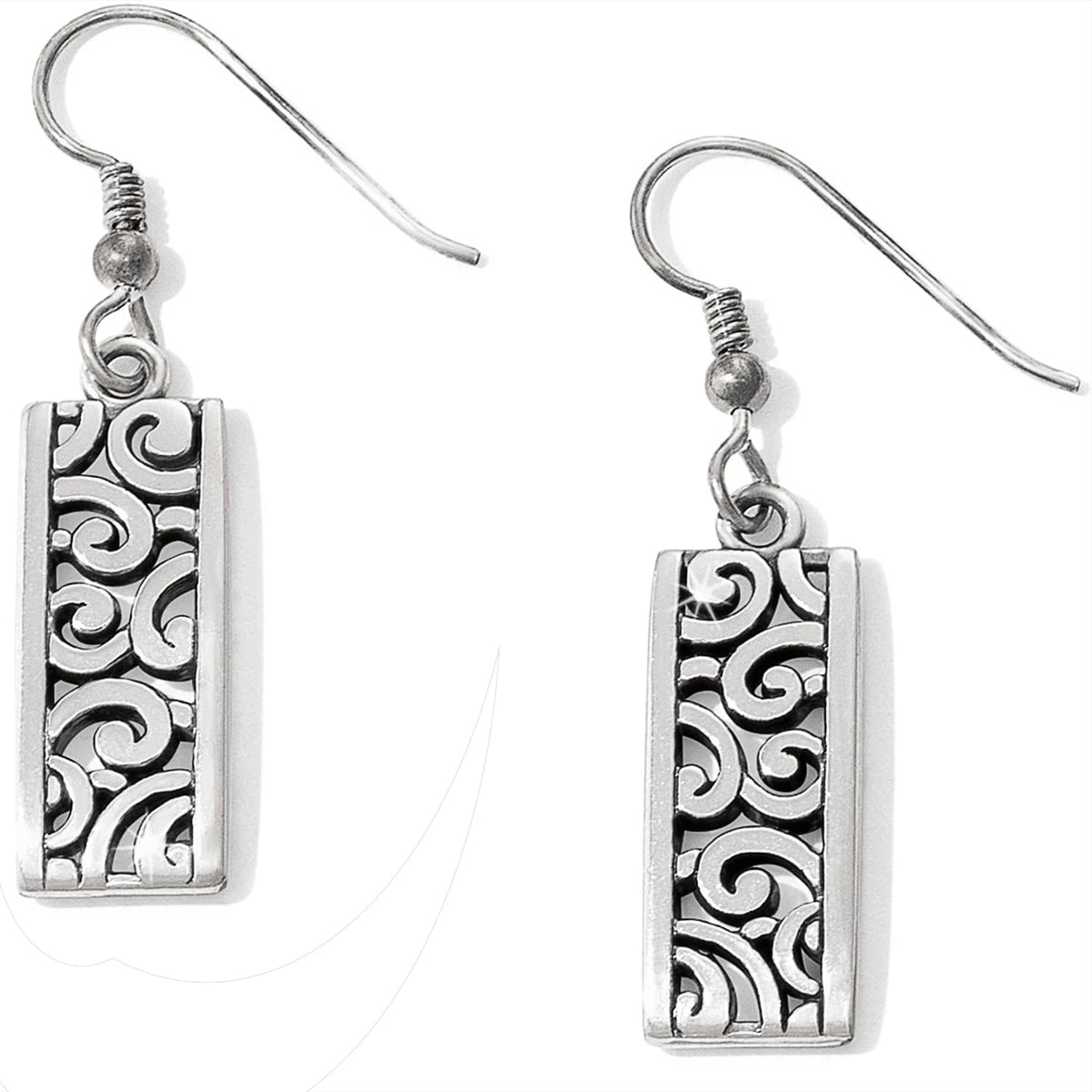 Brighton drop earrings with silver-plated rectangular pendants featuring openwork scroll designs on a white background