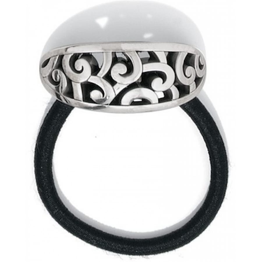 Brighton hair tie with white domed top and silver-plated scrollwork band on a white background