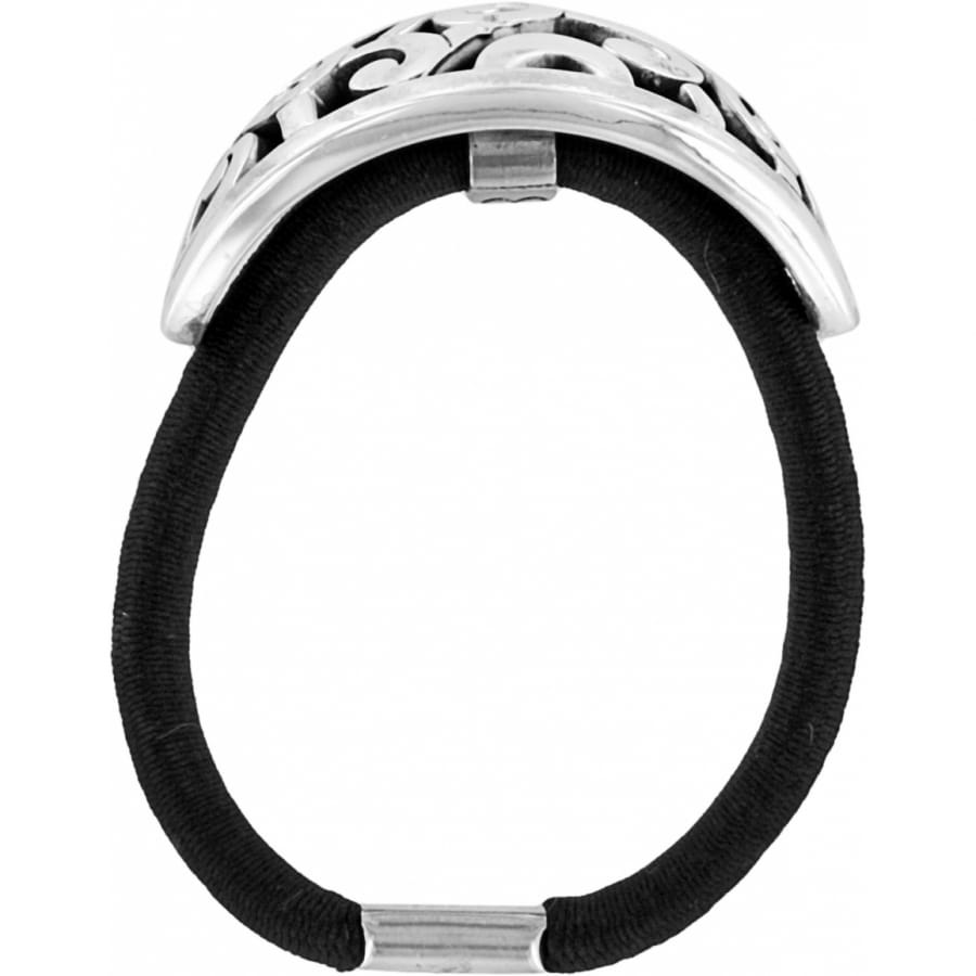 Brighton hair tie with silver-plated openwork scrollwork ornament and black elastic band on a white background