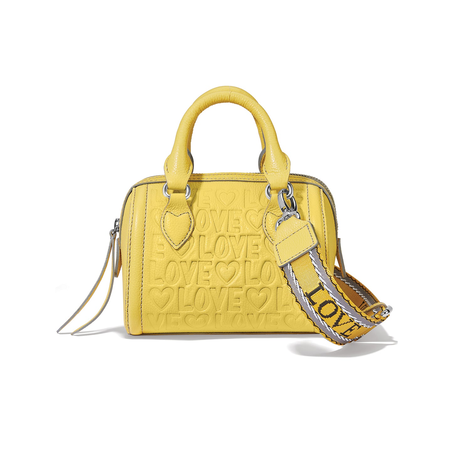 Brighton yellow leather handbag with embossed LOVE and heart pattern, LOVE-printed crossbody strap on a white background