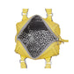 Close-up of Brighton yellow leather handbag interior view with heart-print lining and silver-tone zipper on a white background