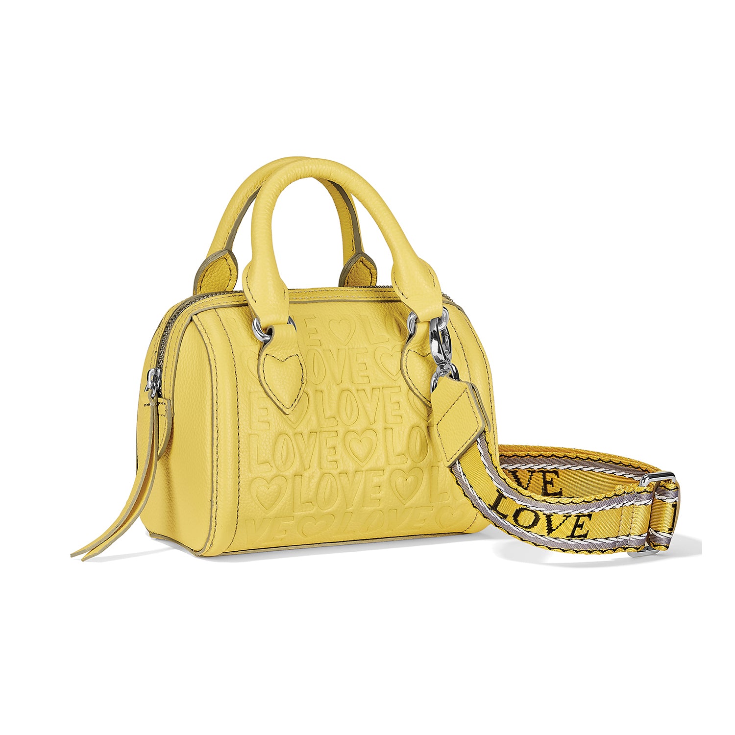 Brighton handbag in yellow leather with embossed love and heart motifs and woven logo strap on a white background