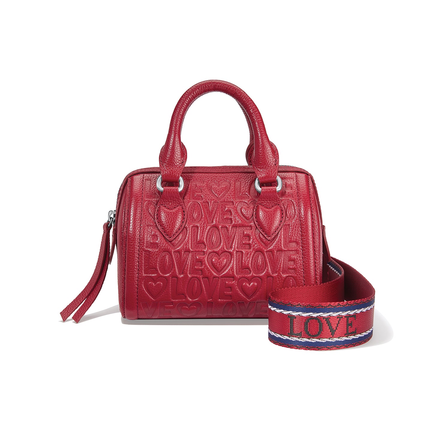 Brighton handbag in red leather with embossed love and heart motifs, paired with striped love strap on a white background