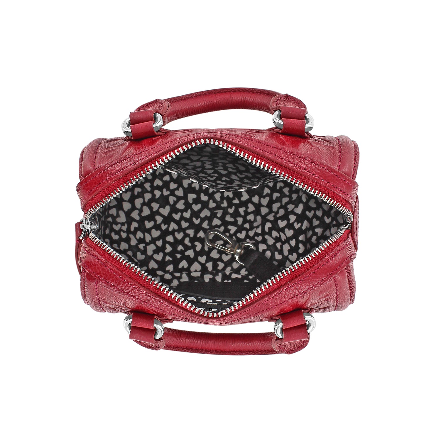Brighton red leather handbag shown open with heart-print interior lining and silver-tone zipper on a white background