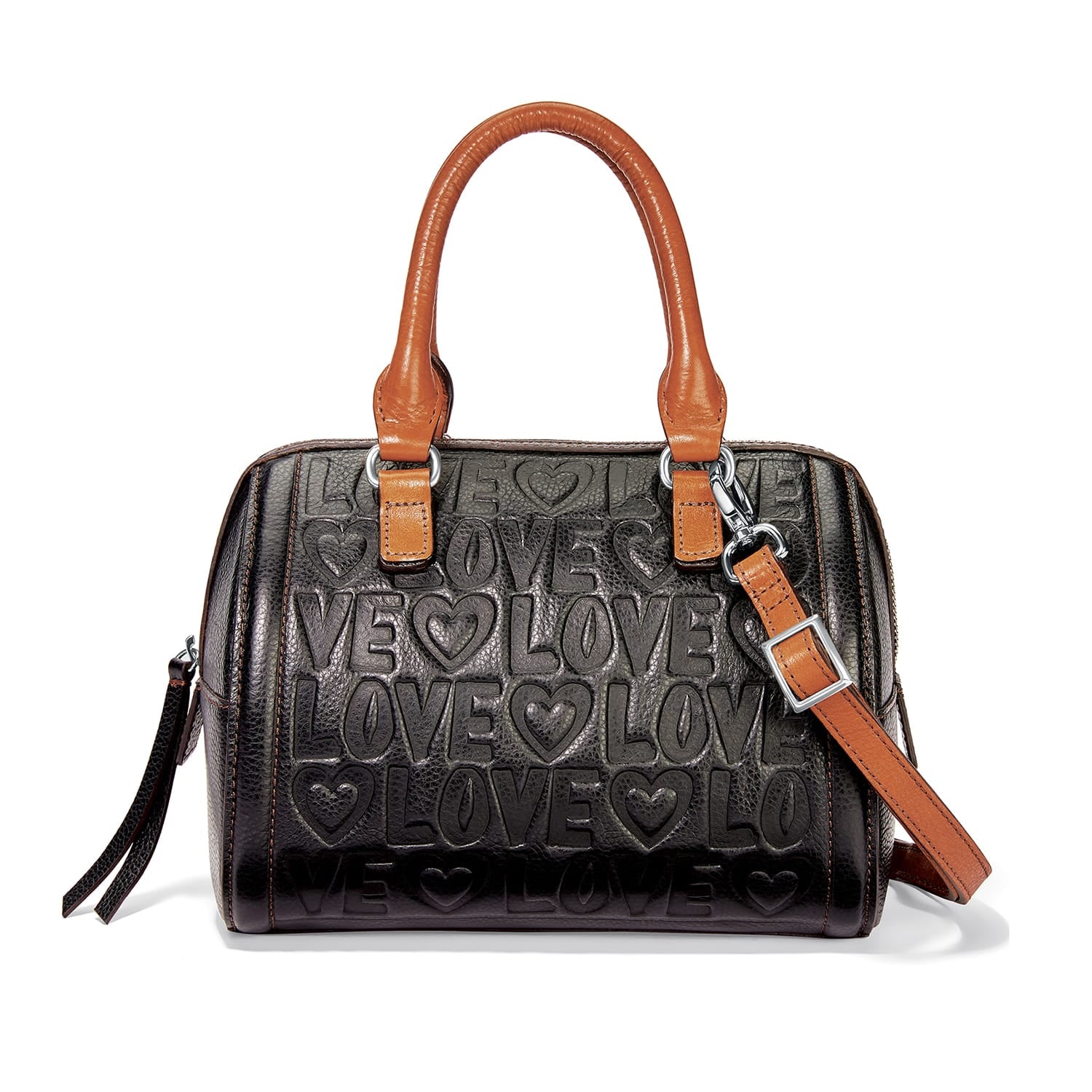 Brighton handbag in black leather with embossed love and heart pattern, brown handles and strap on a white background