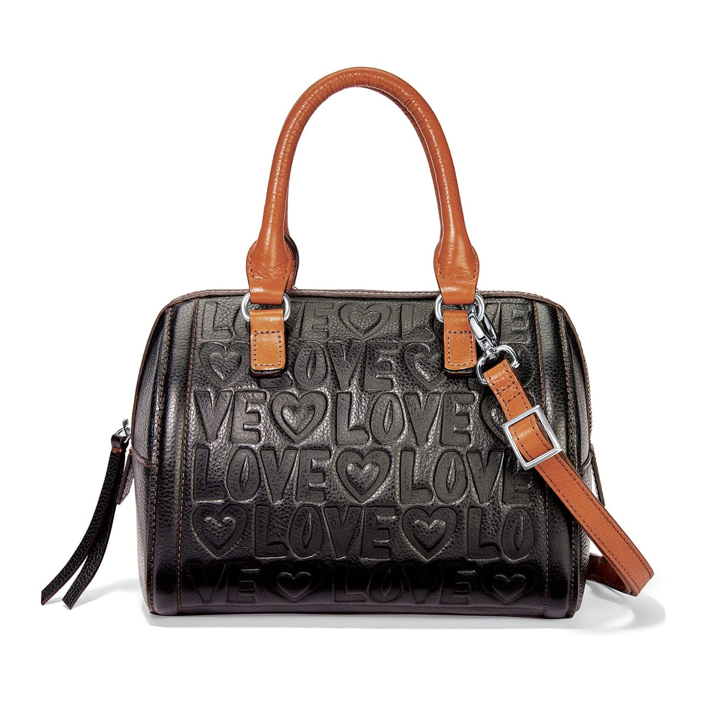 Brighton handbag in black leather with embossed love and heart pattern, brown handles and strap on a white background
