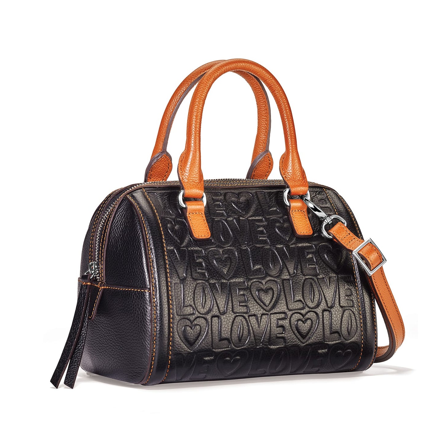 Brighton handbag in black leather with embossed love and heart print, orange handles, and silver-tone hardware on a white background