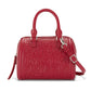 Brighton red leather handbag with embossed love and heart pattern, dual handles, and adjustable strap on a white background