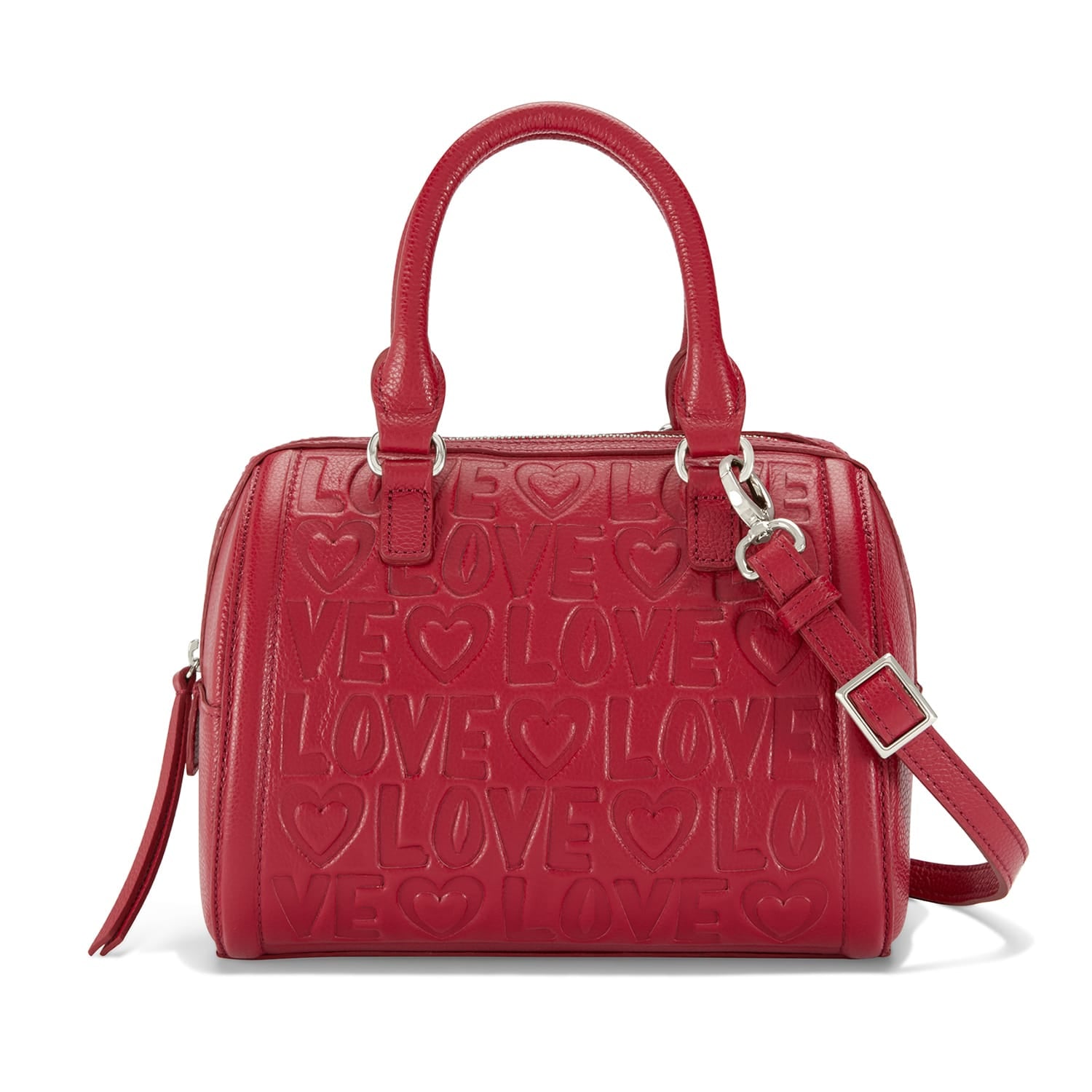 Brighton red leather handbag with embossed love and heart pattern, dual handles, and adjustable strap on a white background