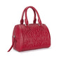Brighton handbag in red leather with embossed love script and heart pattern, dual rolled handles on a white background