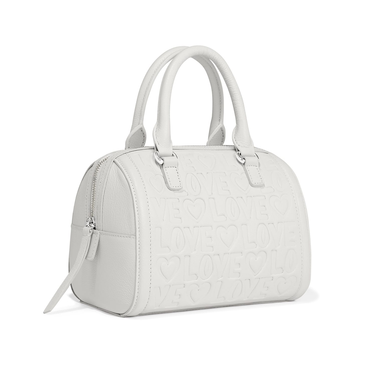 Brighton handbag in white leather with embossed LOVE lettering, hearts, and dual top handles on a white background