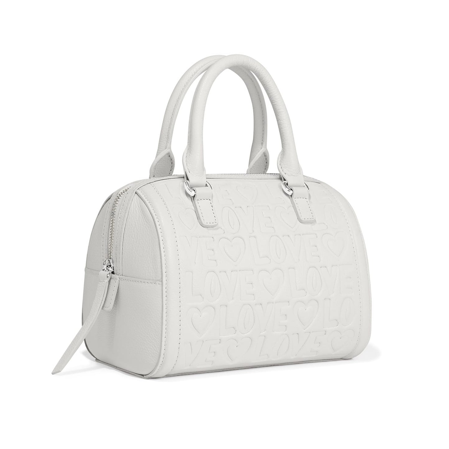 Brighton handbag in white leather with embossed LOVE lettering, hearts, and dual top handles on a white background