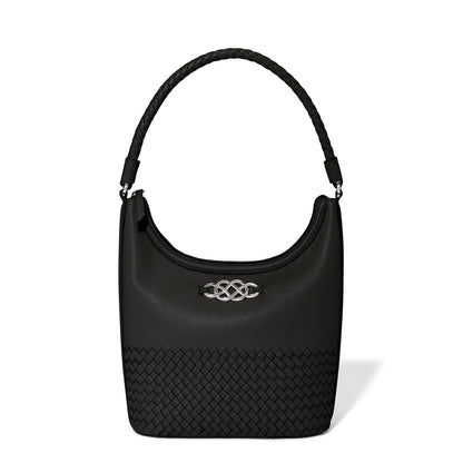 Brighton black handbag with woven base, silver-tone interlocking emblem, and braided top handle on a white background