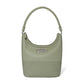 Brighton sage green leather hobo handbag with braided handle, woven base, and silver-tone knot emblem on a white background