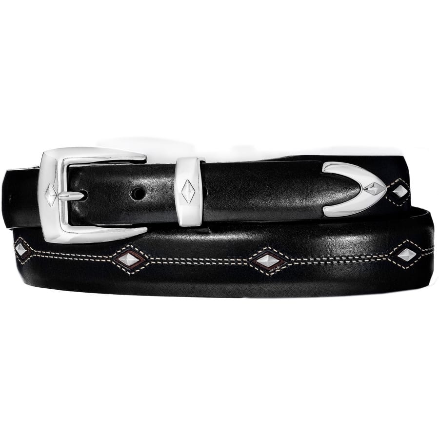 Brighton black leather belt with silver-tone buckle, keeper, tip, and diamond-shaped stitched accents on a white background