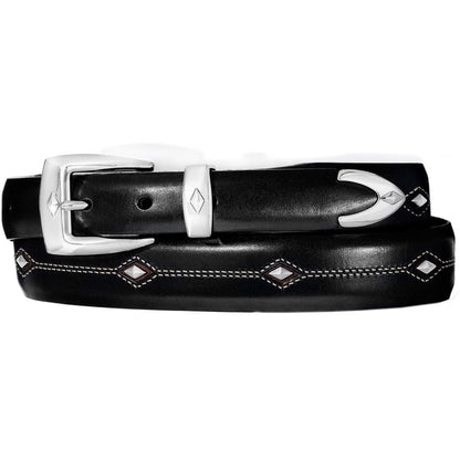 Brighton black leather belt with silver-tone buckle, keeper, tip, and diamond-shaped stitched accents on a white background