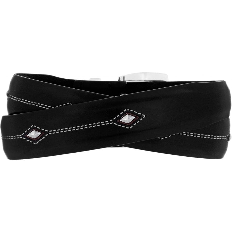 Brighton black leather belt with white contrast stitching and silver-tone diamond stud accents on a white background