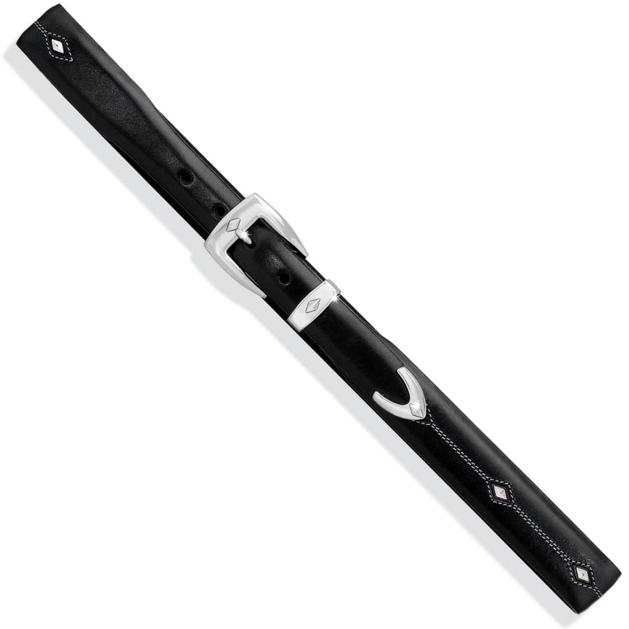 Brighton black leather belt with silver-tone buckle, keeper loop, and diamond stitched accents on a white background