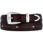Brighton brown leather belt with silver-tone buckle, keeper, tip, and diamond-shaped studs with stitching on a white background