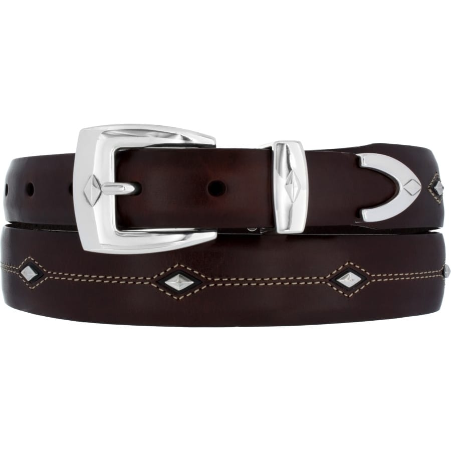 Brighton brown leather belt with silver-tone buckle, keeper, tip, and diamond-shaped studs with stitching on a white background