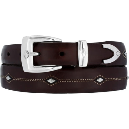 Brighton brown leather belt with silver-tone buckle, keeper, tip, and diamond-shaped studs with stitching on a white background