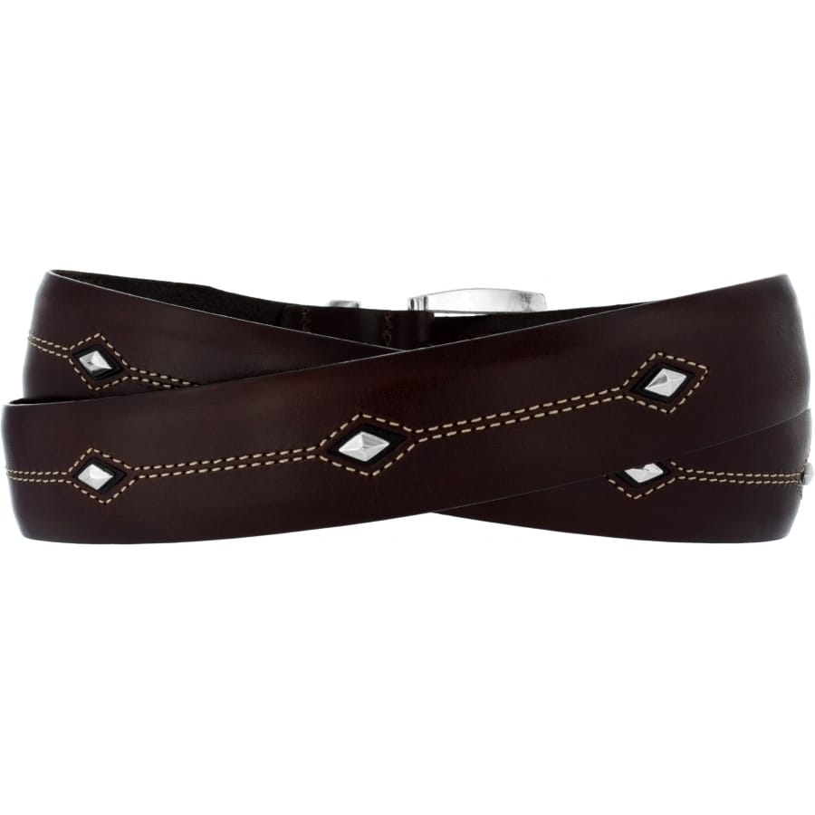 Brighton leather belt in dark brown with diamond-shaped silver-tone studs and contrast stitching on a white background
