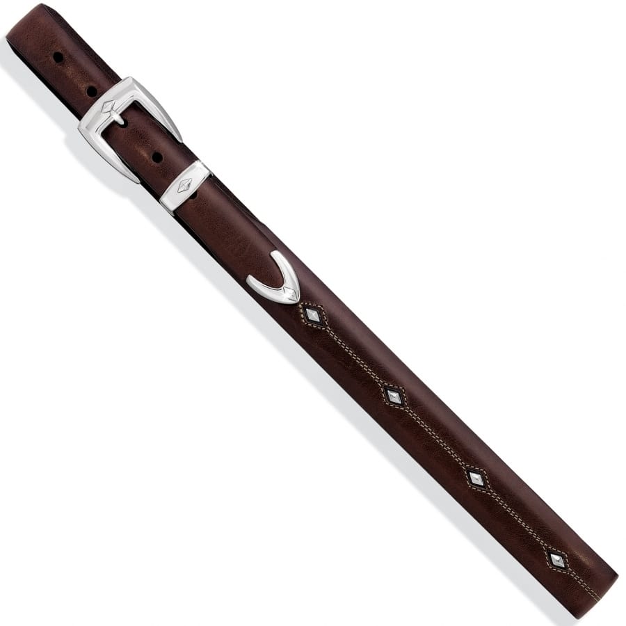 Brighton brown leather belt with silver-tone buckle and diamond-shaped stud accents along the strap on a white background