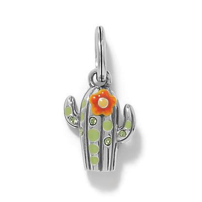 Brighton cactus charm with silver-plated finish, green enamel dots, crystal accents, and orange flower on a white background