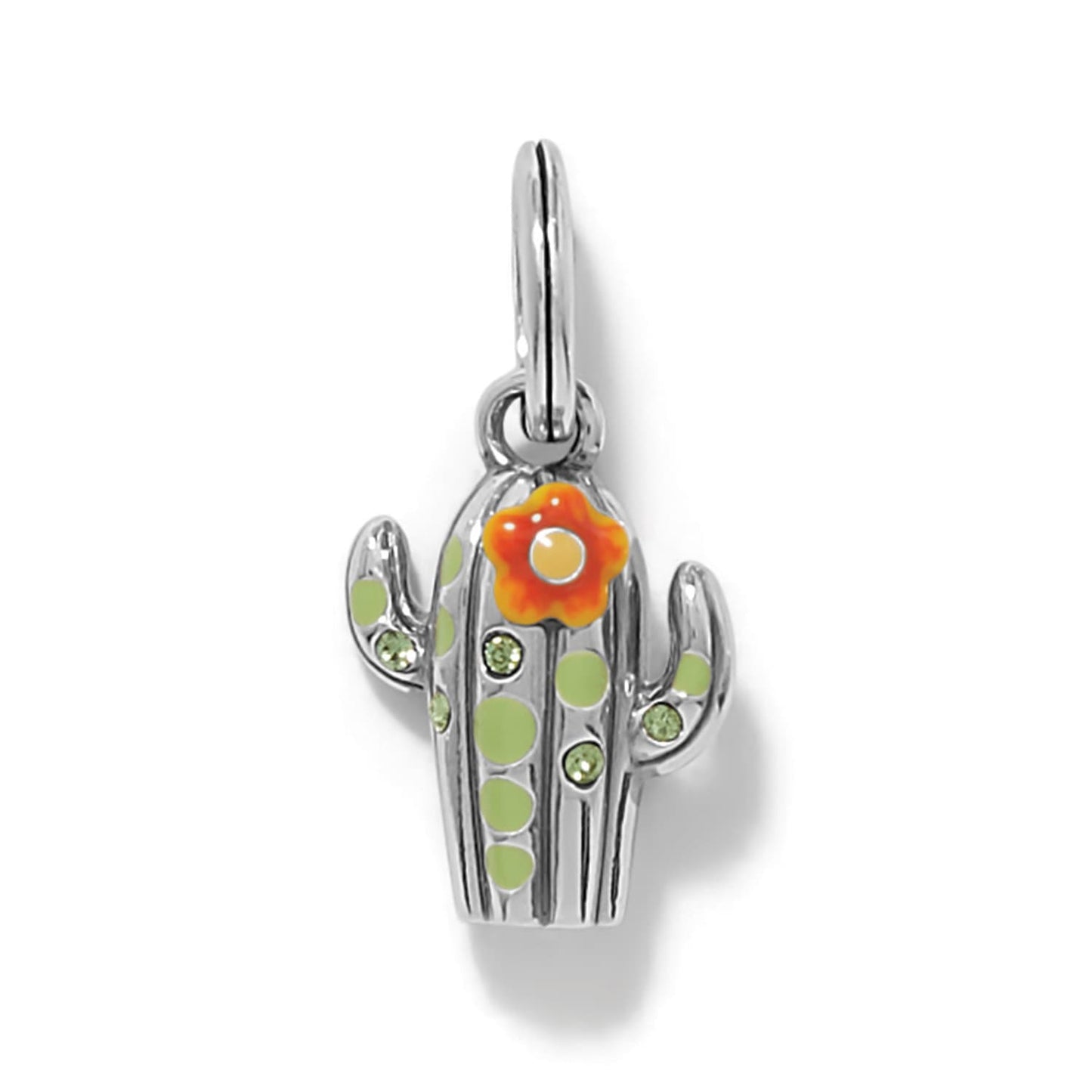 Brighton cactus charm with silver-plated finish, green enamel dots, crystal accents, and orange flower on a white background