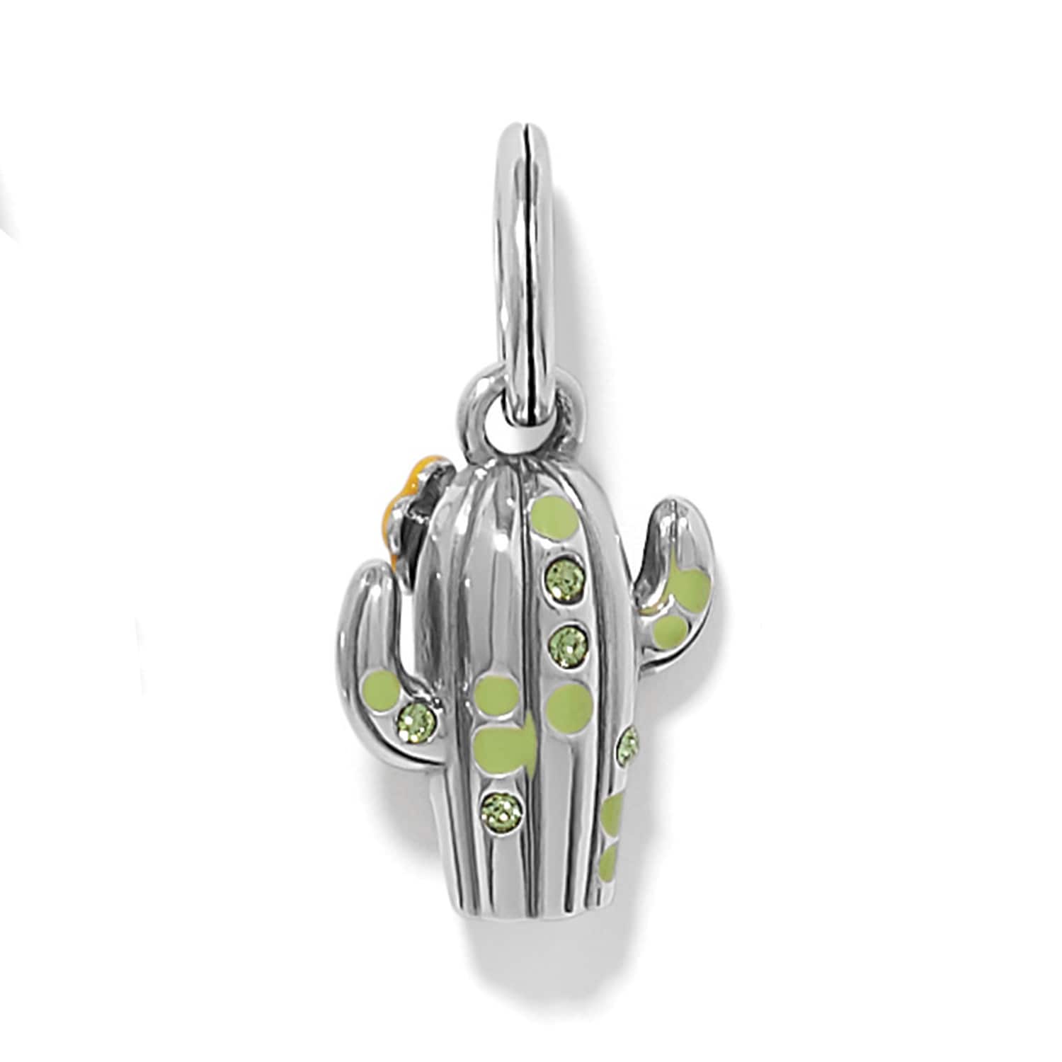 Brighton cactus charm with silver-plated finish, green enamel dots, and green crystal accents on a white background