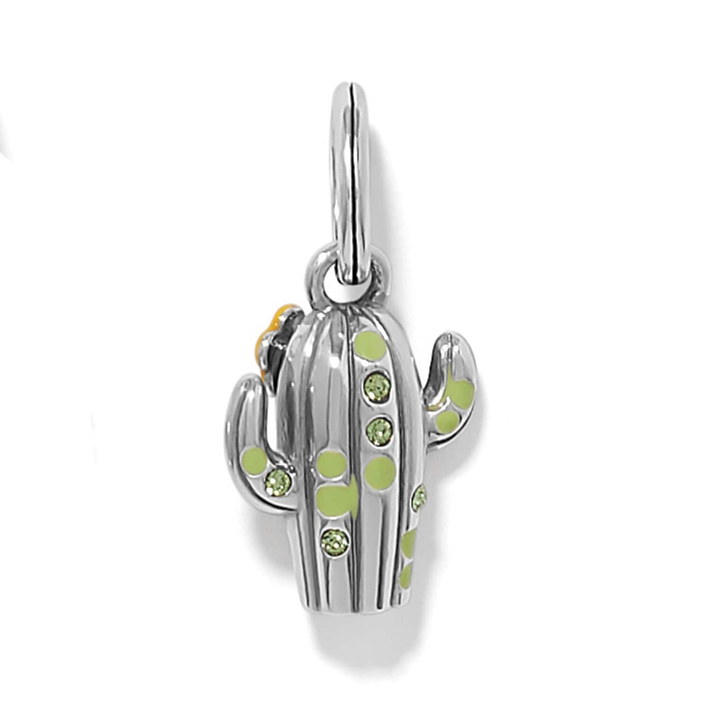 Brighton cactus charm with silver-plated finish, green enamel dots, and green crystal accents on a white background