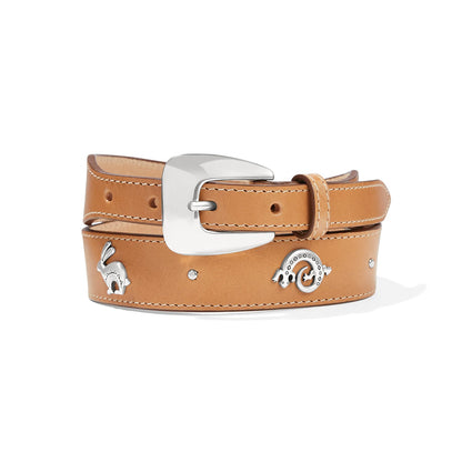 Brighton tan leather belt with silver-tone buckle and rabbit and lizard charm accents on a white background
