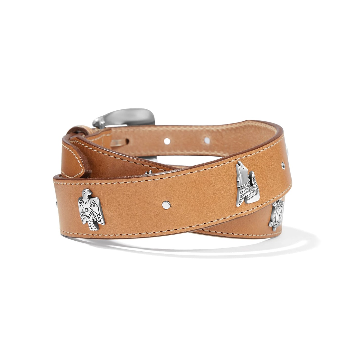 Brighton tan leather wrap belt with silver-tone thunderbird, wolf, and medallion charms and buckle on a white background