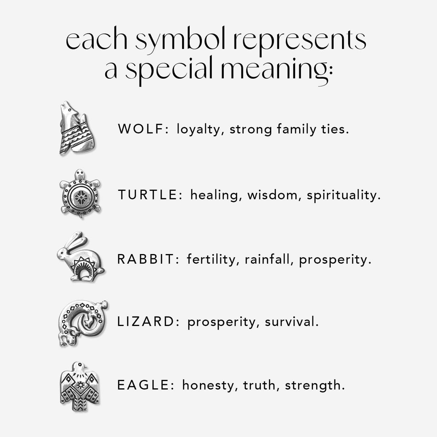 Brighton silver-tone charms styled with symbol meaning chart featuring wolf, turtle, rabbit, lizard, and eagle designs