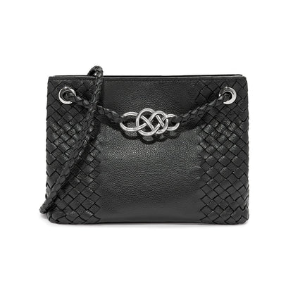 Brighton handbag in black woven leather with silver-tone knot hardware and braided shoulder straps on a white background
