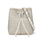 Brighton bucket handbag in cream leather with diamond cutout pattern, silver-tone studs, and adjustable strap on a white background