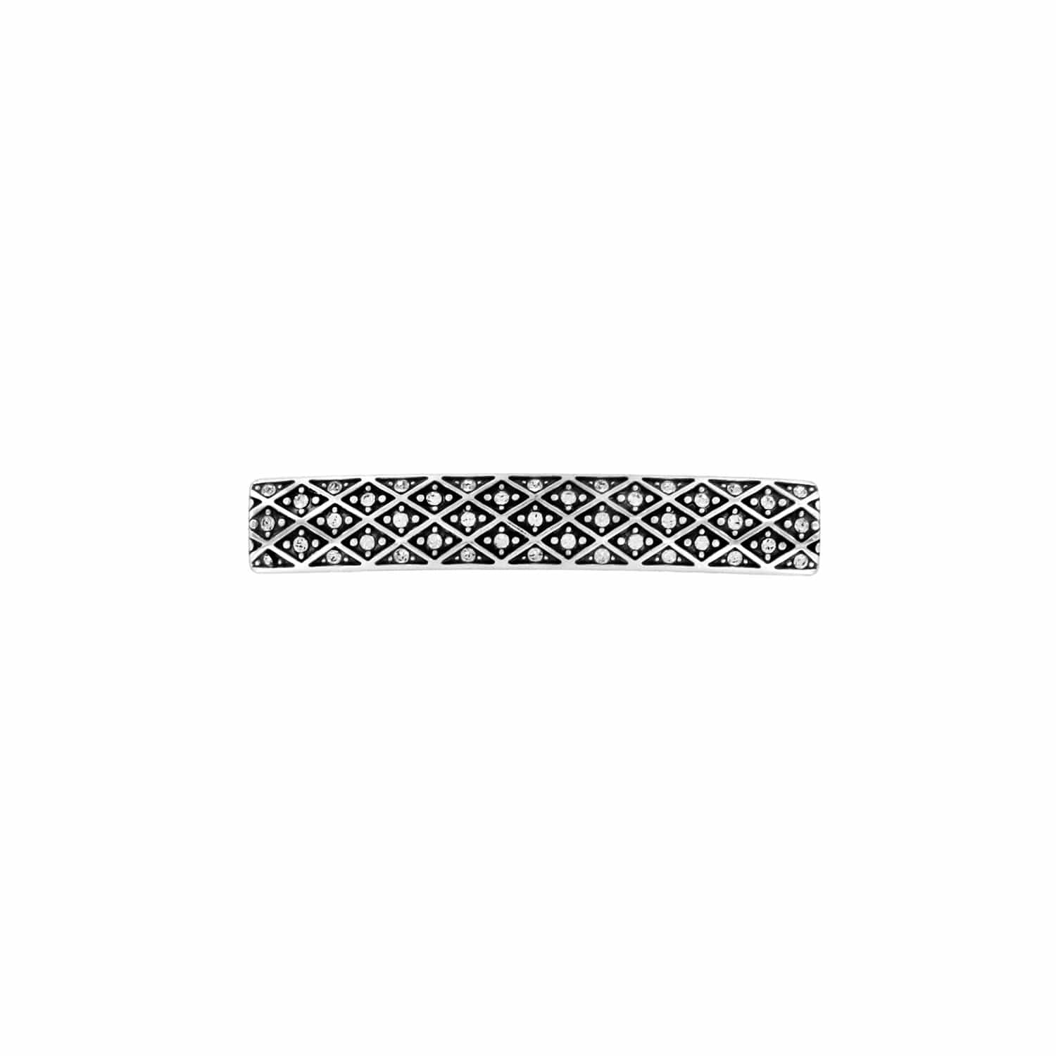 Brighton silver-plated hair barrette with crystal-accented diamond lattice pattern on a white background