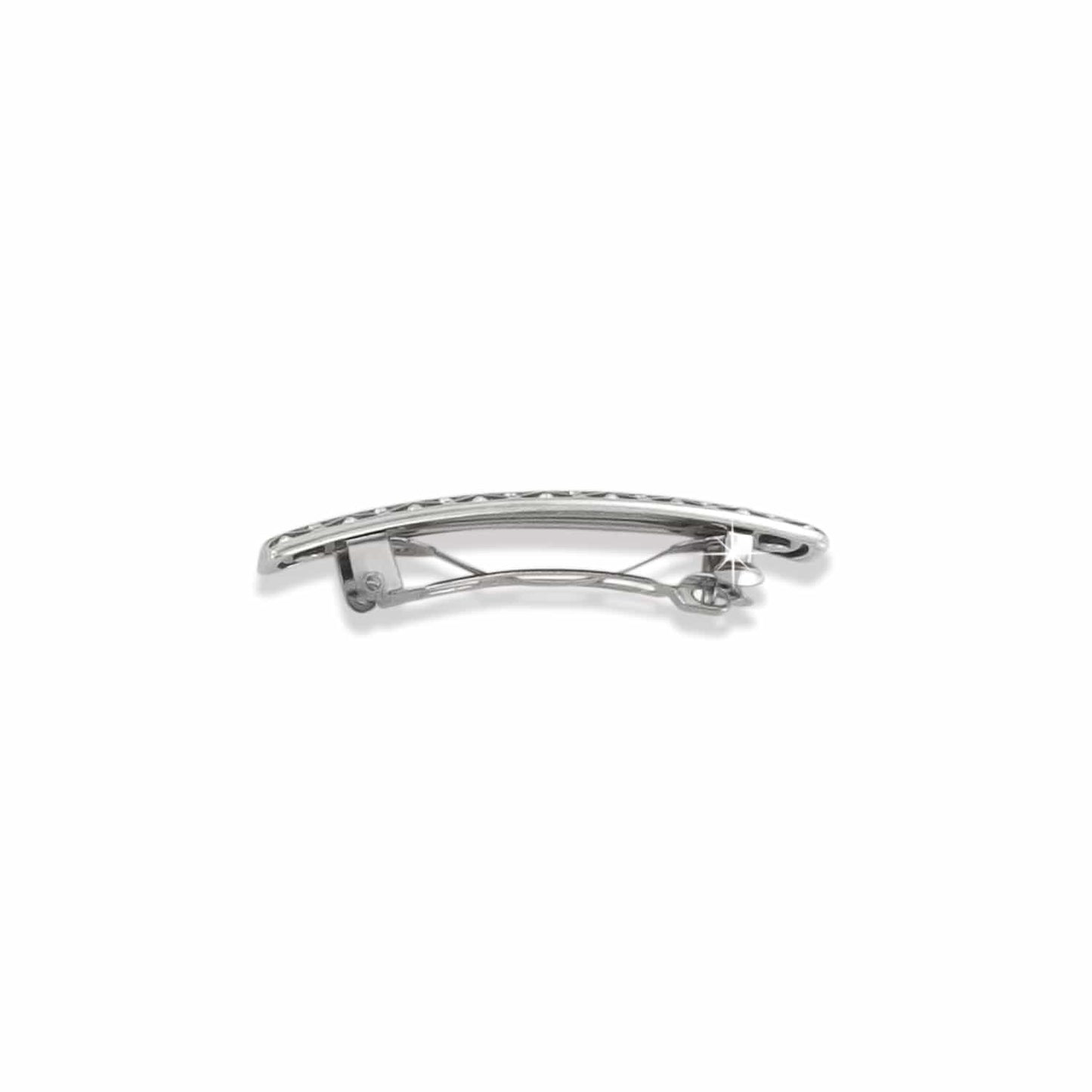 Brighton hair barrette shown from the back with silver-plated clasp mechanism and curved bar design on a white background