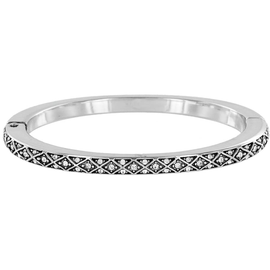 Brighton bangle bracelet with silver-plated finish, crisscross pattern, and crystal accents on a white background