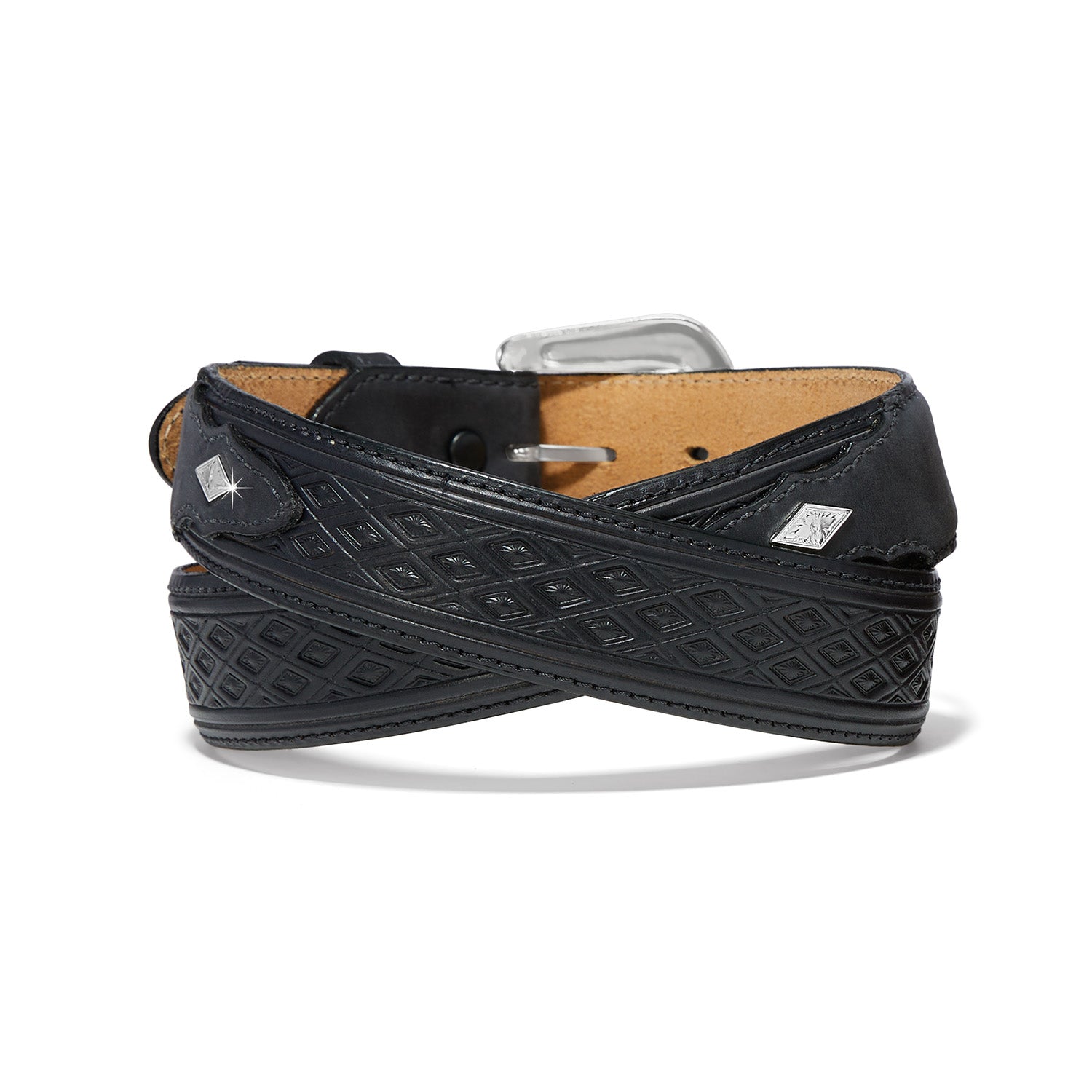 Brighton black leather belt with diamond embossed pattern and silver-tone buckle with crystal accents on a white background