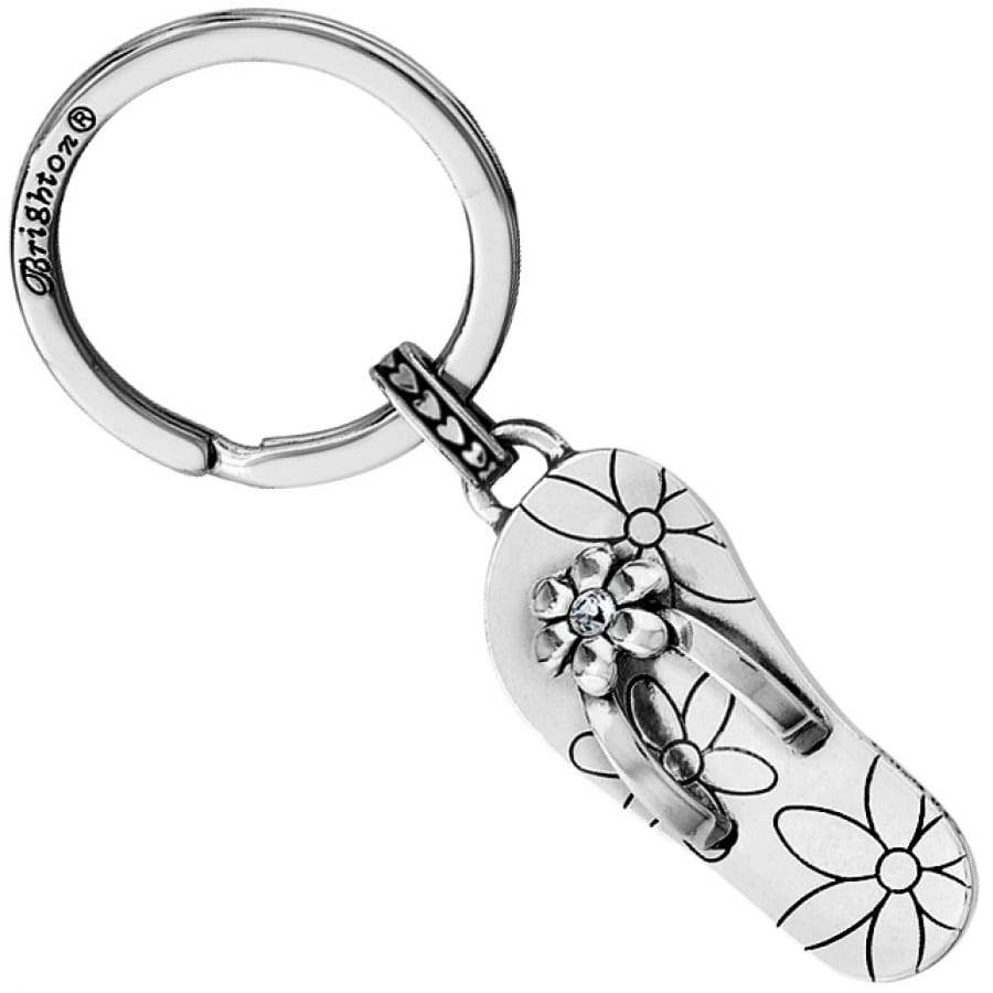 Brighton silver-plated keychain with flip-flop charm featuring floral engravings and crystal-accented flower on a white background