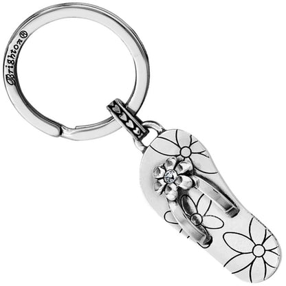 Brighton silver-plated keychain with flip-flop charm featuring floral engravings and crystal-accented flower on a white background