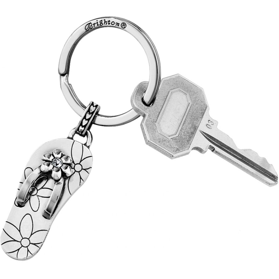 Brighton keychain with silver-plated flip-flop charm featuring floral engravings and crystal accent on a white background