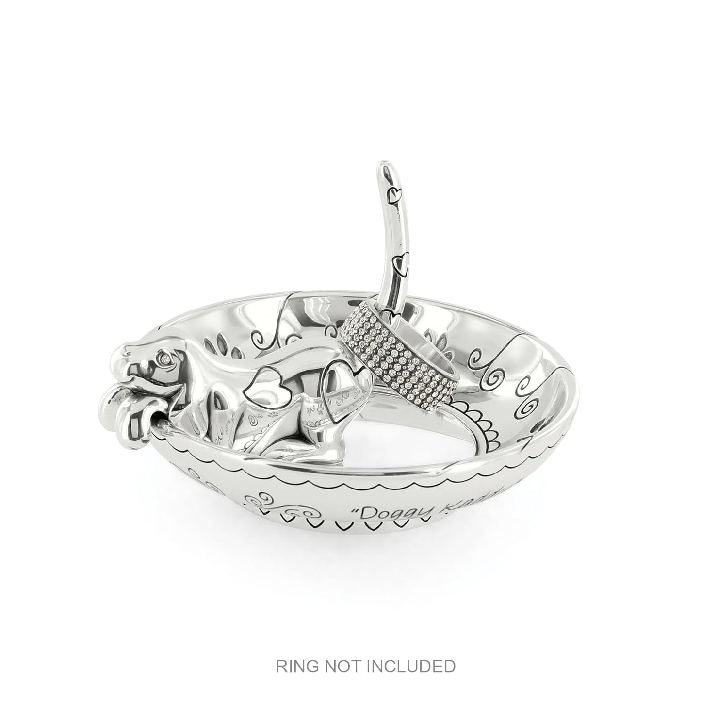 Brighton silver-plated ring holder dish with dog figure and engraved scroll details on a white background