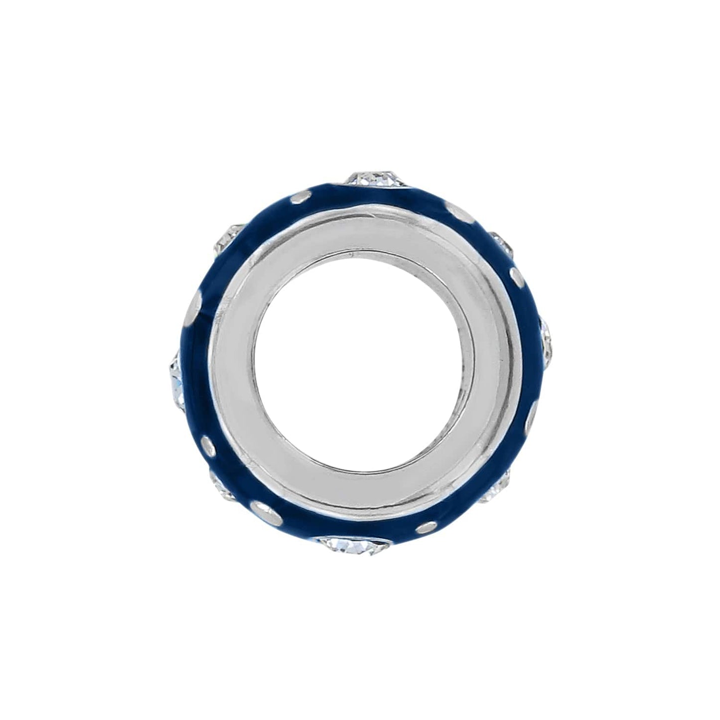 Brighton silver-plated spacer bead with blue enamel band and crystal accents shown from the side on a white background