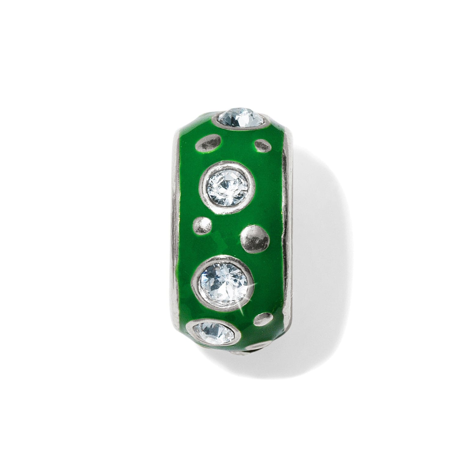 Brighton charm bead with green enamel, silver-plated dot accents, and crystal embellishments on a white background