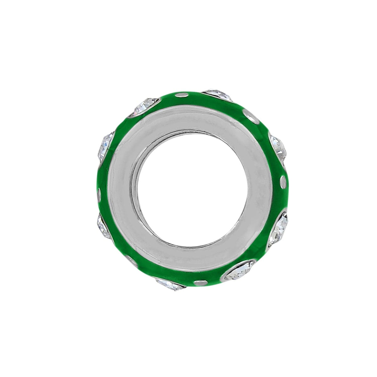 Brighton spacer charm with green enamel band, crystal accents, and silver-plated finish on a white background