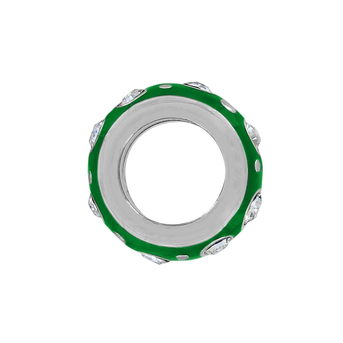 Brighton spacer charm with green enamel band, crystal accents, and silver-plated finish on a white background